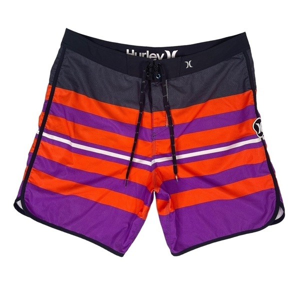 Hurley Phantom Boardshorts Mens 36 Logo Patch Red Purple Bright Striped Swim - Picture 1 of 11